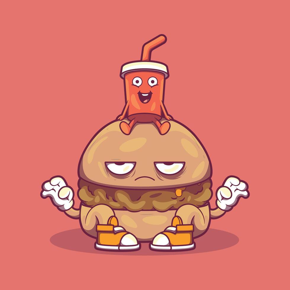Angry Burger character with a soda on top of his head. vector