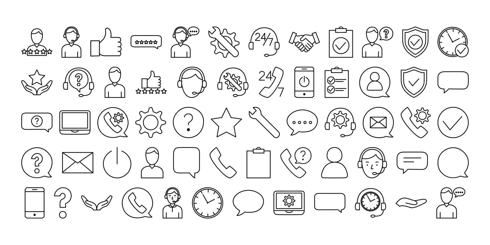 Business and technical support icons set. Collection of thin line symbols illustrating customer service, troubleshooting, live chat, contact, and corporate assistance. vector