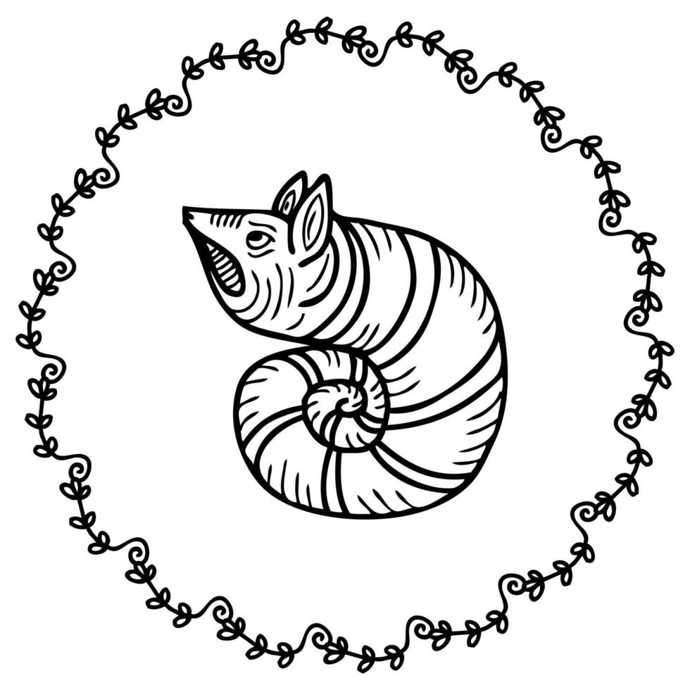 Doodle style medieval bestiary angry hog snail framed by twigs and leaves. Perfect print for tee, sticker, card, poster. Hand drawn illustration. vector