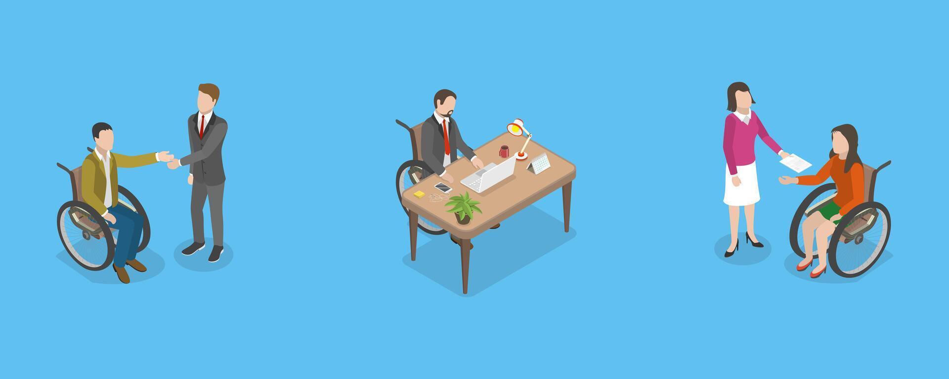 3D Isometric Flat Conceptual Illustration of Hiring People With Disabilities, Social Adaptation vector