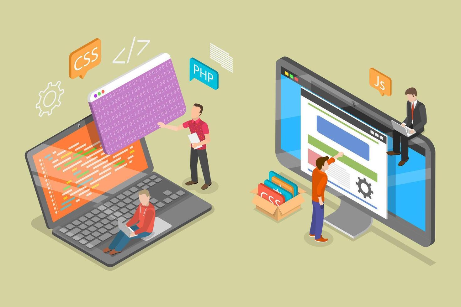 3D Isometric Flat Conceptual Illustration of Website Development and Coding, Building App Design vector