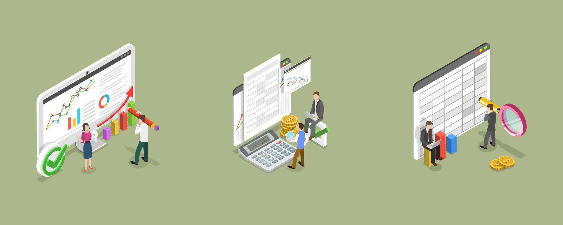 3D Isometric Flat Conceptual Illustration of Financial Report, Budget Accounting or Statistics vector