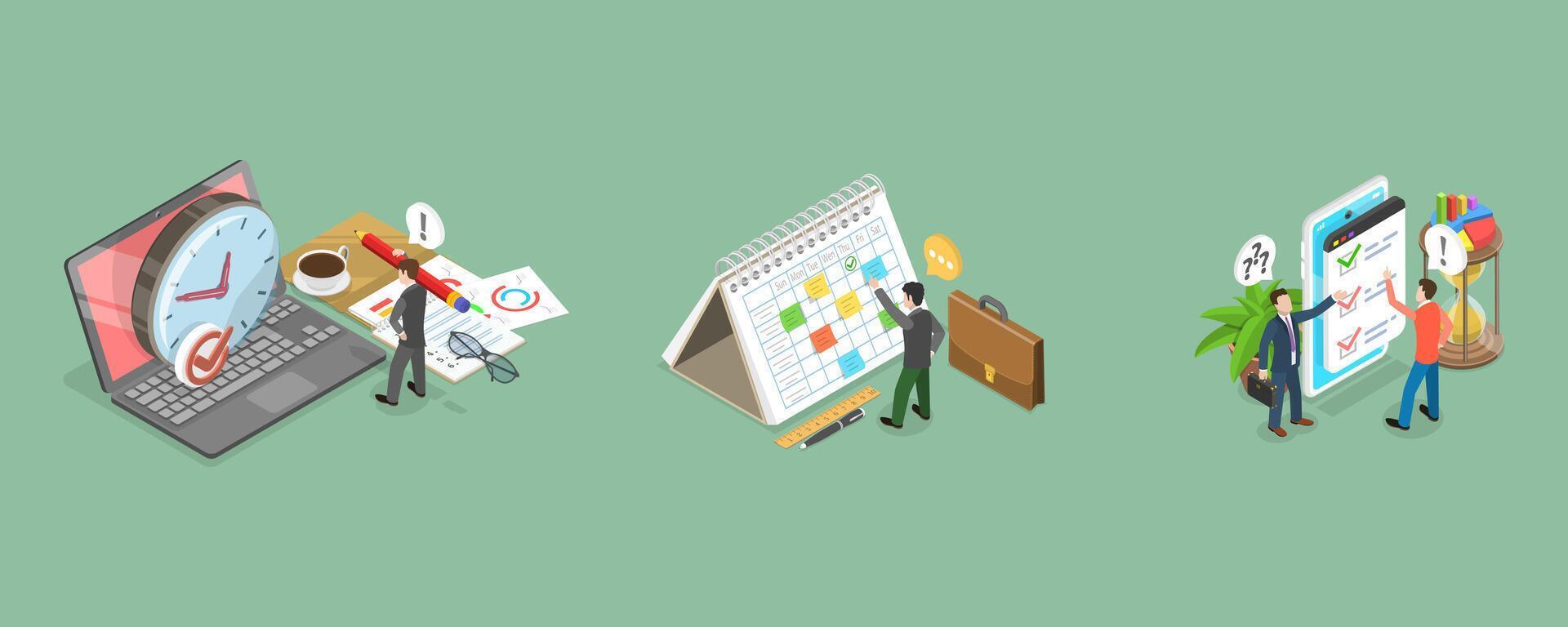 3D Isometric Flat Conceptual Illustration of Time Management, Project Planning, Work Scheduling and Organizing vector