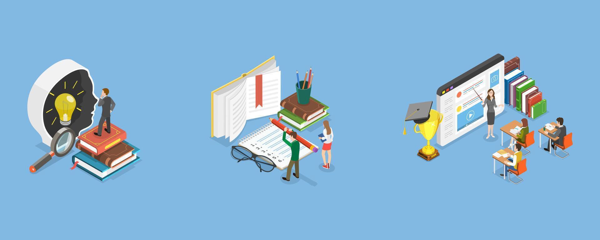 3D Isometric Flat Conceptual Illustration of Self Development, Learning and Education vector