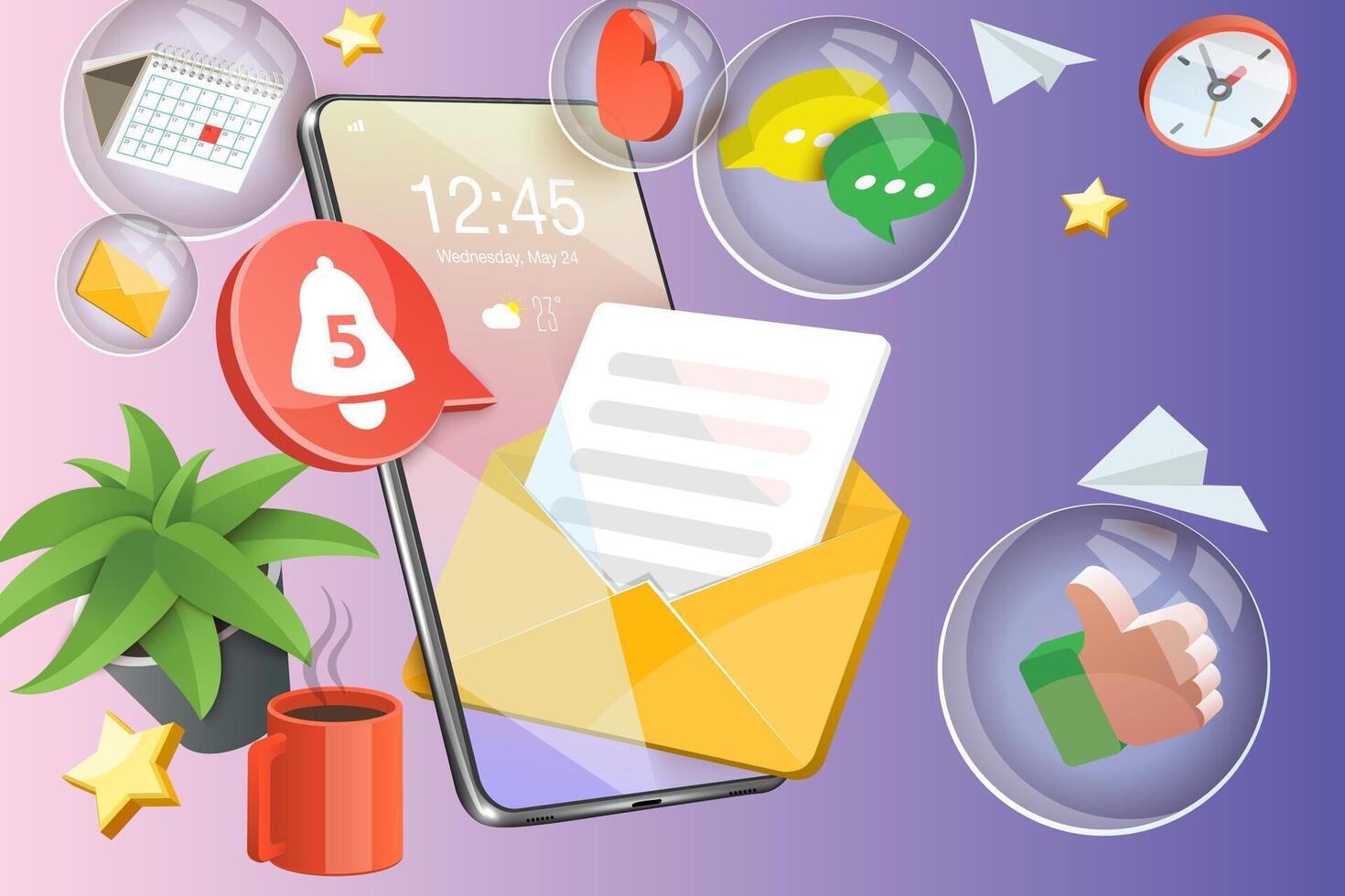 3D Conceptual Illustration of Mobile Notification, New Message or Unread Email vector