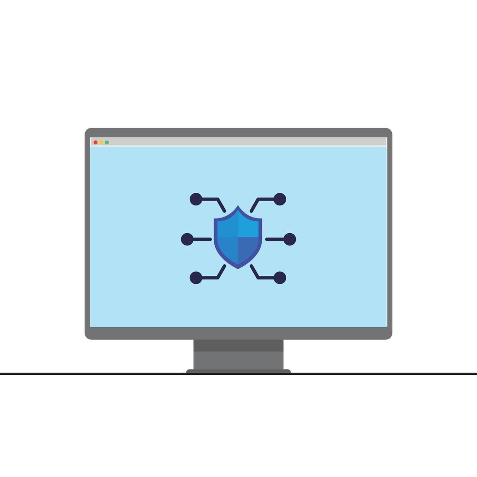 Cyber Security Protection Icon on Computer Screen with Digital Shield and Network Connection vector