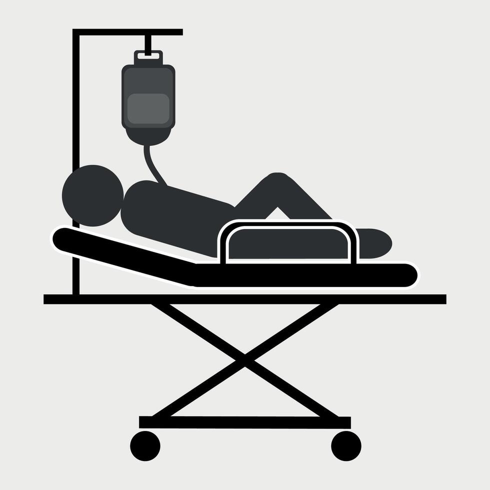 black and white icon of hospital bed with IV drip on white background vector