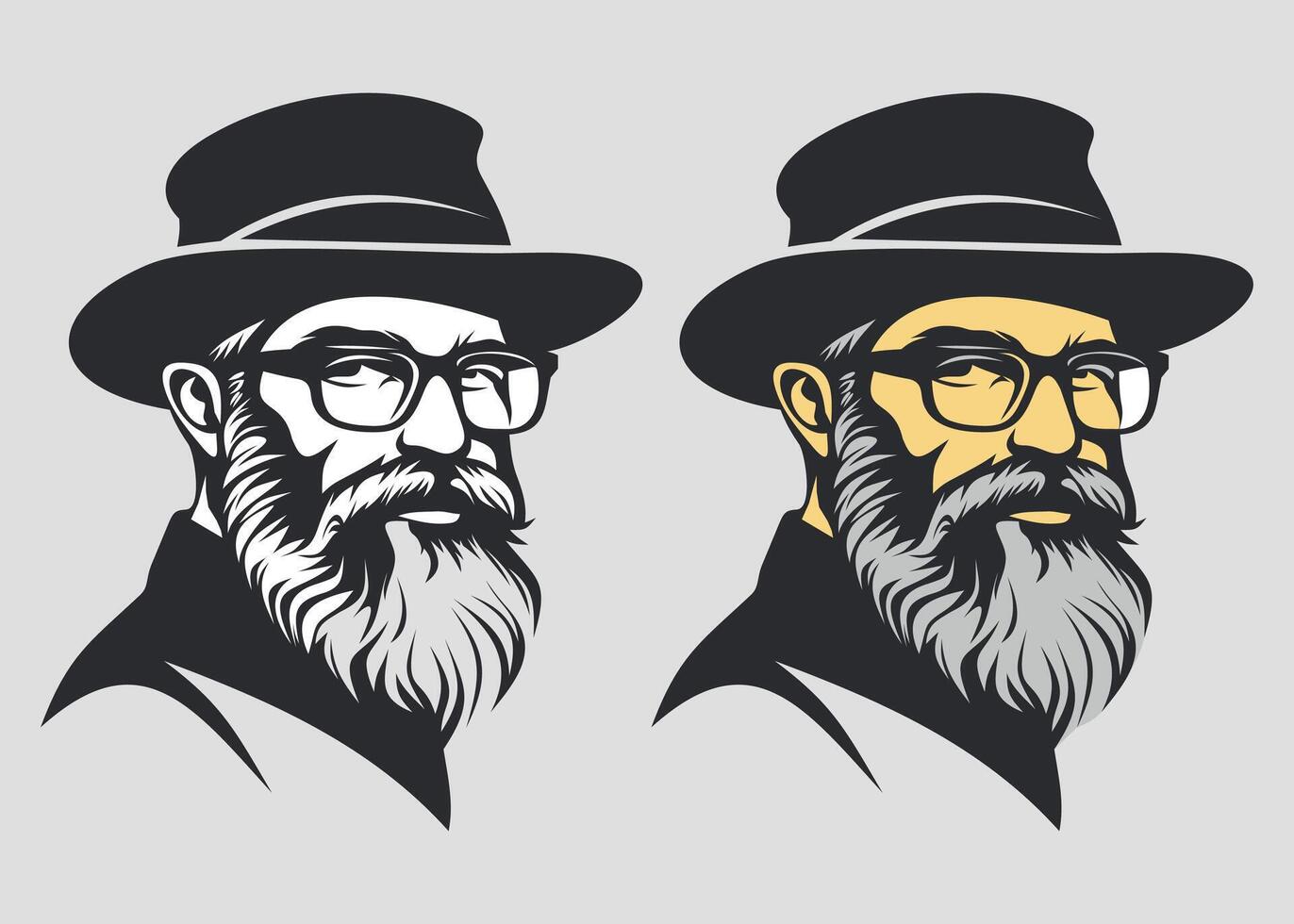 black icon of jewish man face with beard and hat on grey background vector
