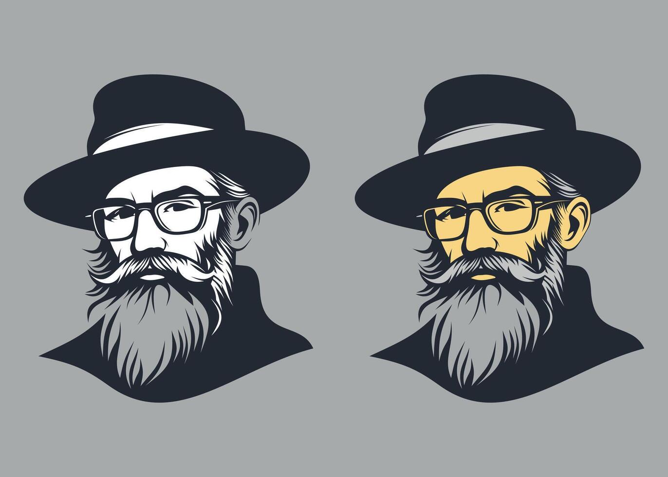 black and white icon of jewish man face with beard and hat on grey background vector