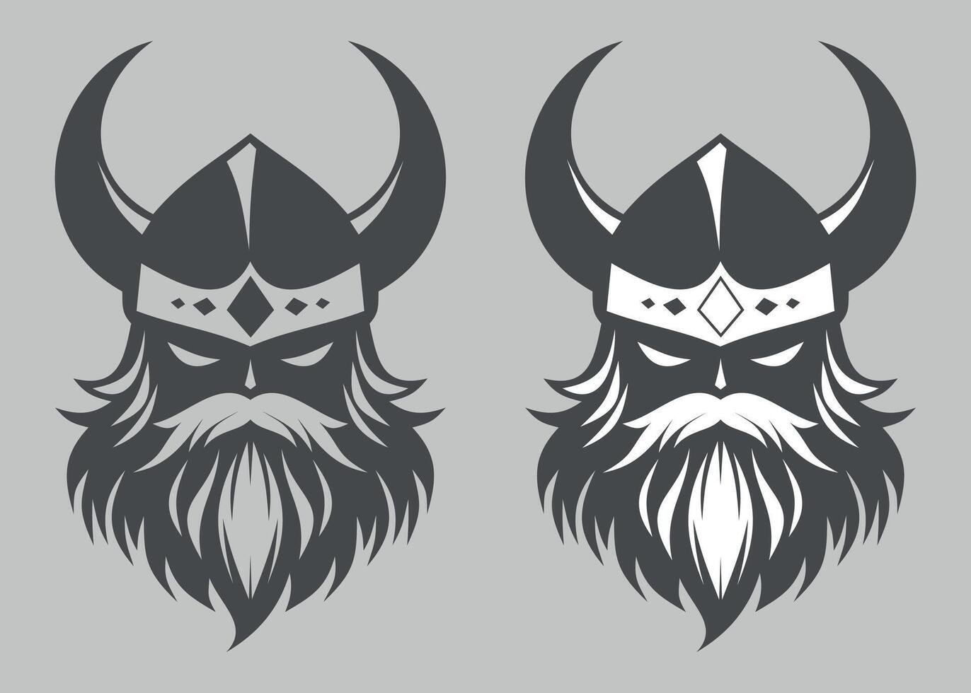 black icon of viking face in helmet with horns on grey background vector