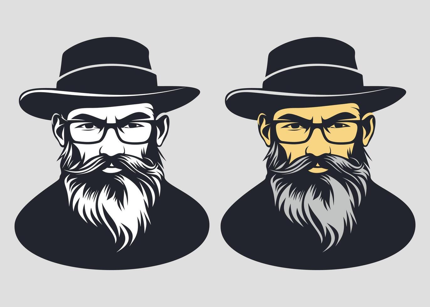 black and white icon of jewish man face with beard and hat isolated on grey background vector