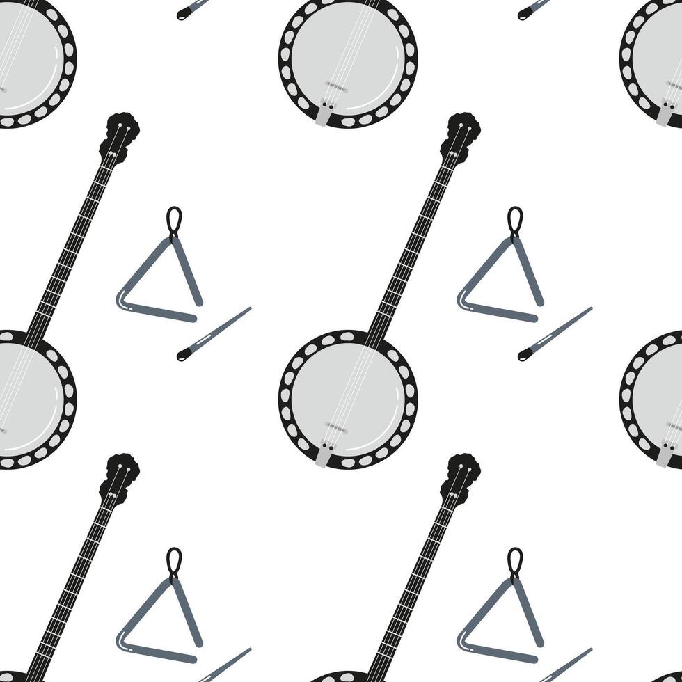 Musical instruments pattern featuring banjo, triangle, and mallets on plain background vector