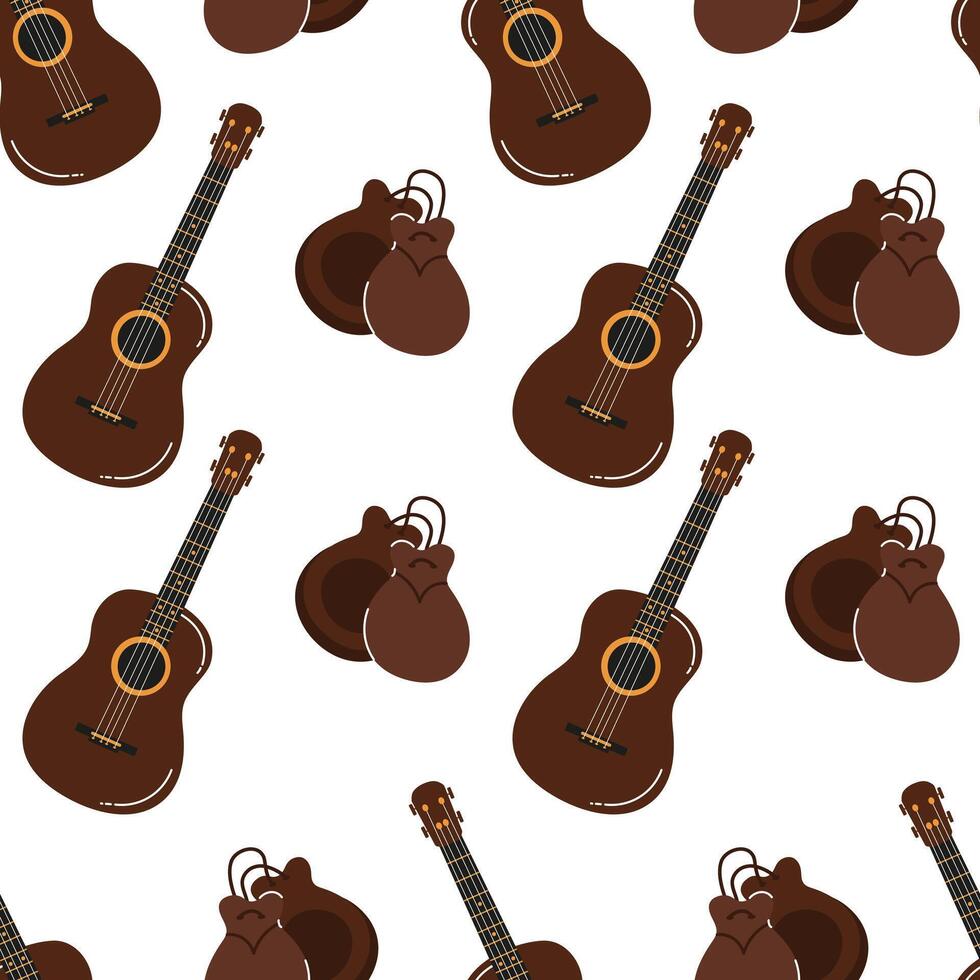 Pattern featuring acoustic guitars and musical instruments on white background vector