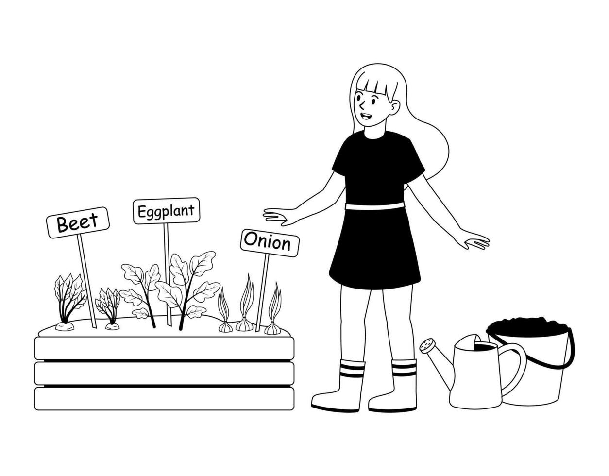 Girl tending to a vegetable garden with various plants on display in spring season vector