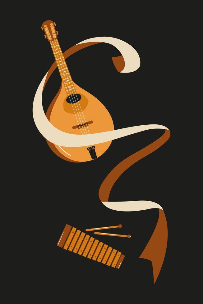 Musical instruments with ribbons creating a dynamic visual effect in a dark setting vector