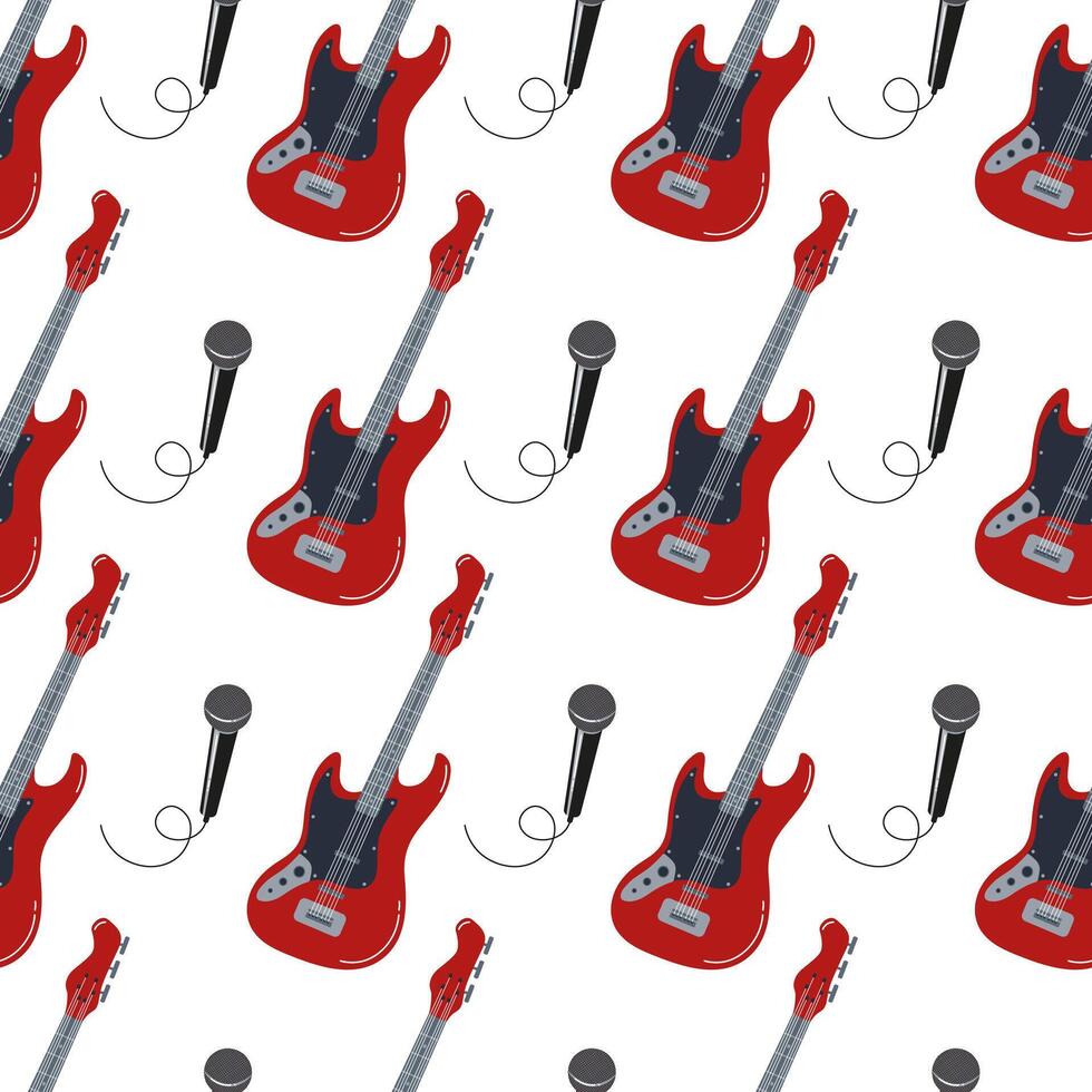 Red electric guitars and microphones in a vibrant repeating pattern vector