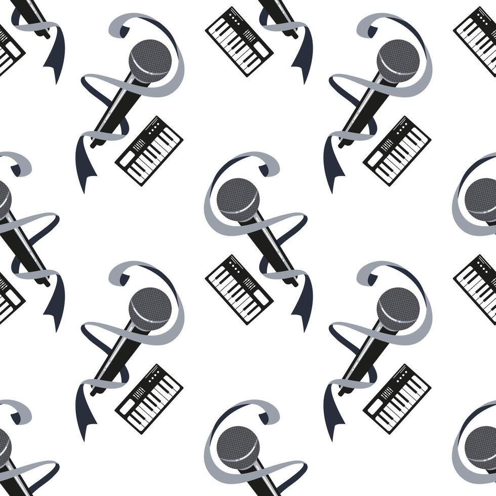 Patterns of microphones and keyboards create an energetic design for music lovers vector