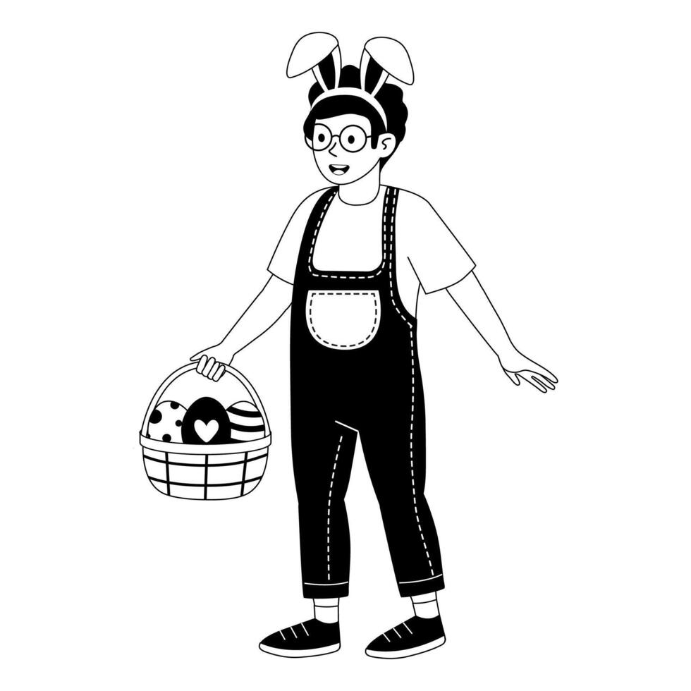 Child wearing bunny ears holds an Easter basket filled with colorful eggs outdoors during spring vector