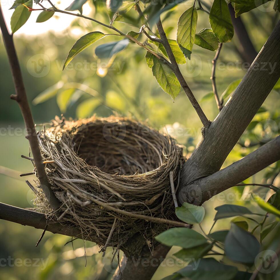 A bird's nest is sitting on a tree branch photo
