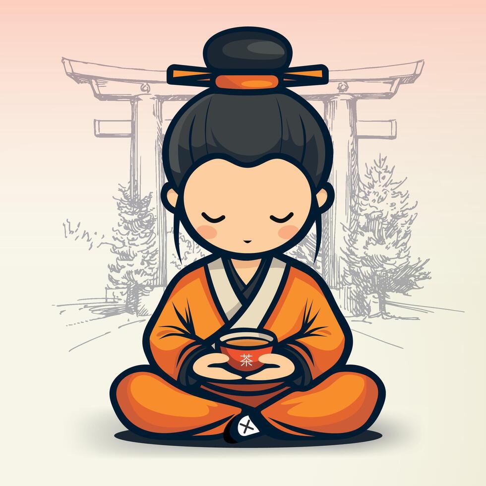 seated stylized chinese monk in national chinese clothes and hat with cup of tea against the background of gate vector