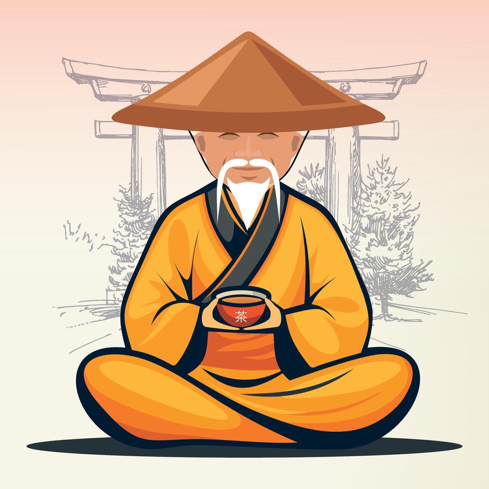 sitting buddhist chinese monk in national chinese clothes and hat with cup of tea against gate background vector