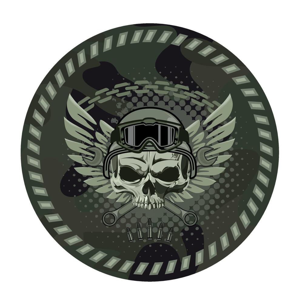 round sleeve military camouflage chevron military driver with skull in military helmet on white background vector