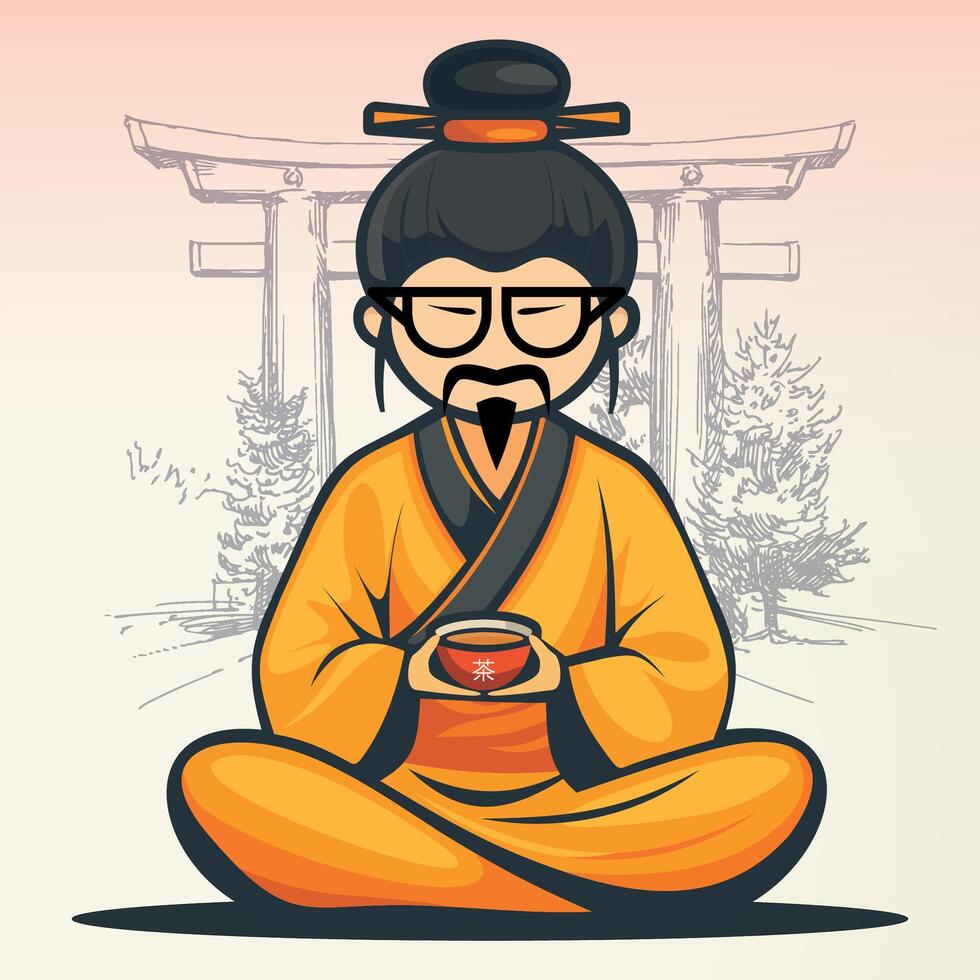 sitting buddhist chinese monk in chinese clothes and hat with cup of tea against gate background vector