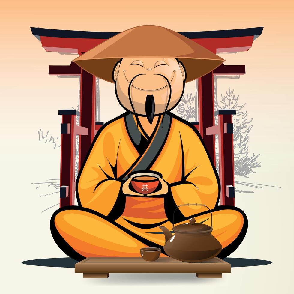 chinese tea master in national chinese clothes and hat with cup of tea in front of table against background of gate vector