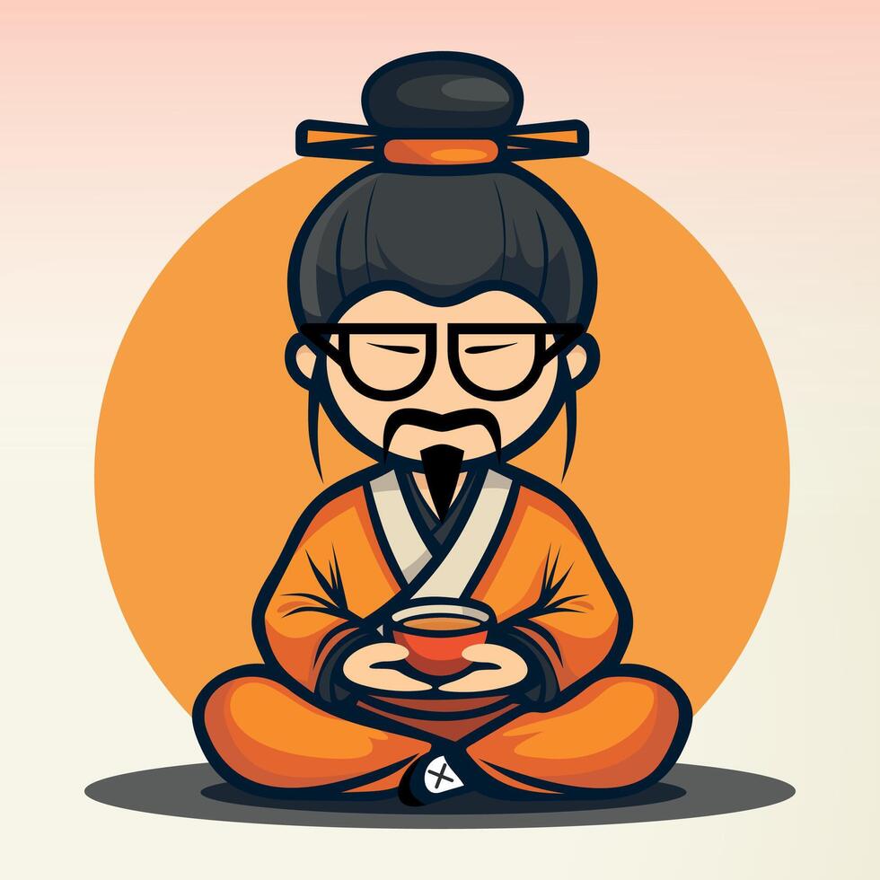 seated stylized chinese monk in national chinese clothes and hat with cup of tea vector