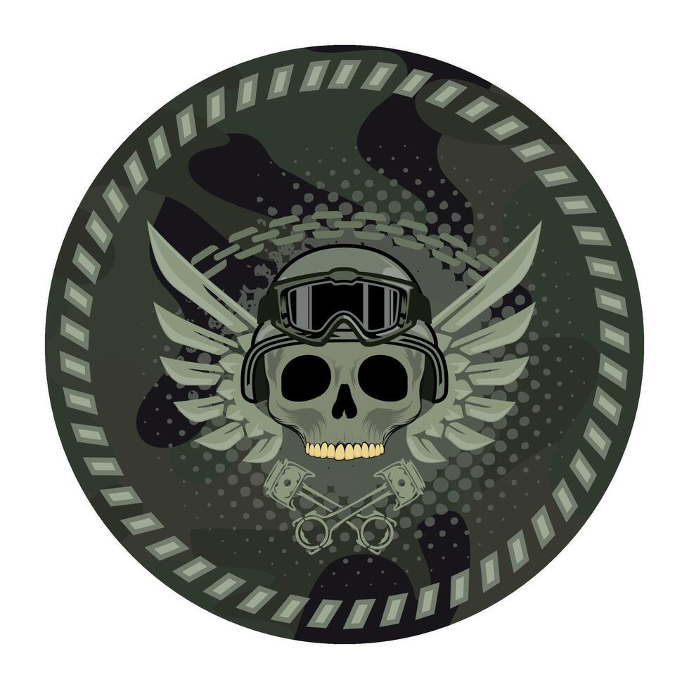 round military green camouflage chevron military driver with skull in military helmet isolated on white background vector