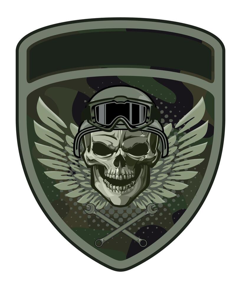 sleeve military army green camouflage chevron military driver with skull in military helmet and with wings on white background vector