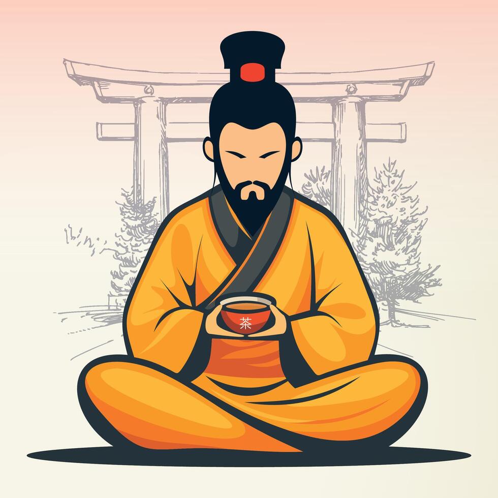 sitting buddhist chinese monk in national clothes and hat with cup of tea against gate background vector