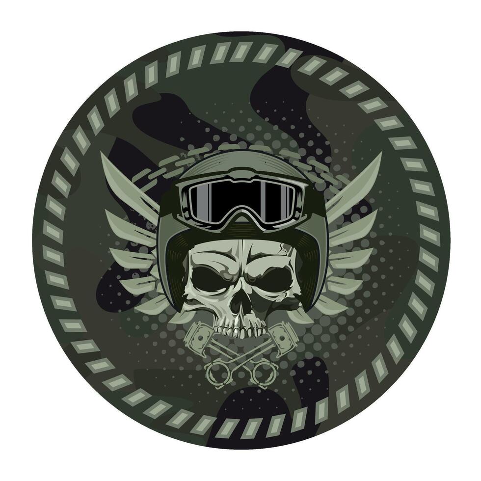 round military camouflage chevron military driver with skull in helmet isolated on white background vector