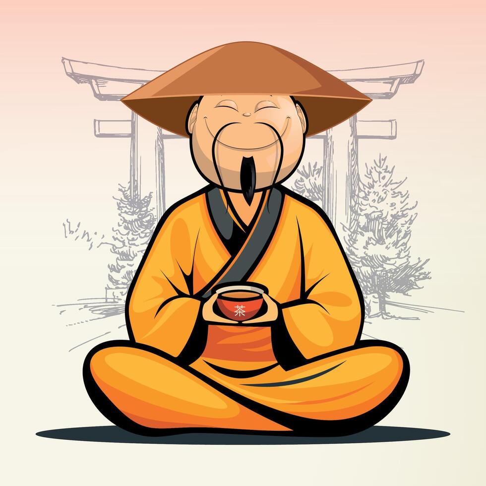 seated stylized chinese tea master in national chinese clothes and hat with cup of tea vector