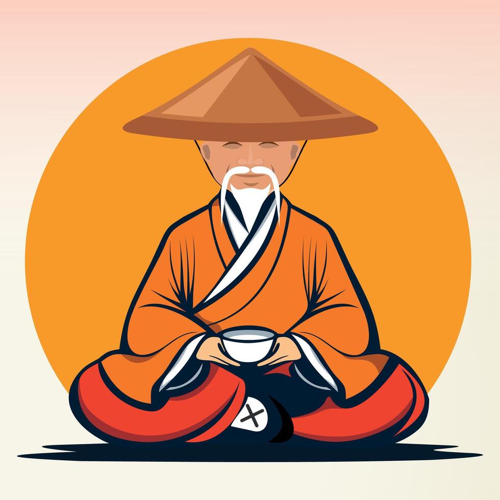 sitting chinese monk in national clothes and hat with cup of tea vector