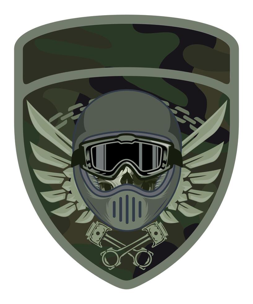 sleeve military green camouflage chevron military driver with skull in racing helmet and pistons from engine on white background vector
