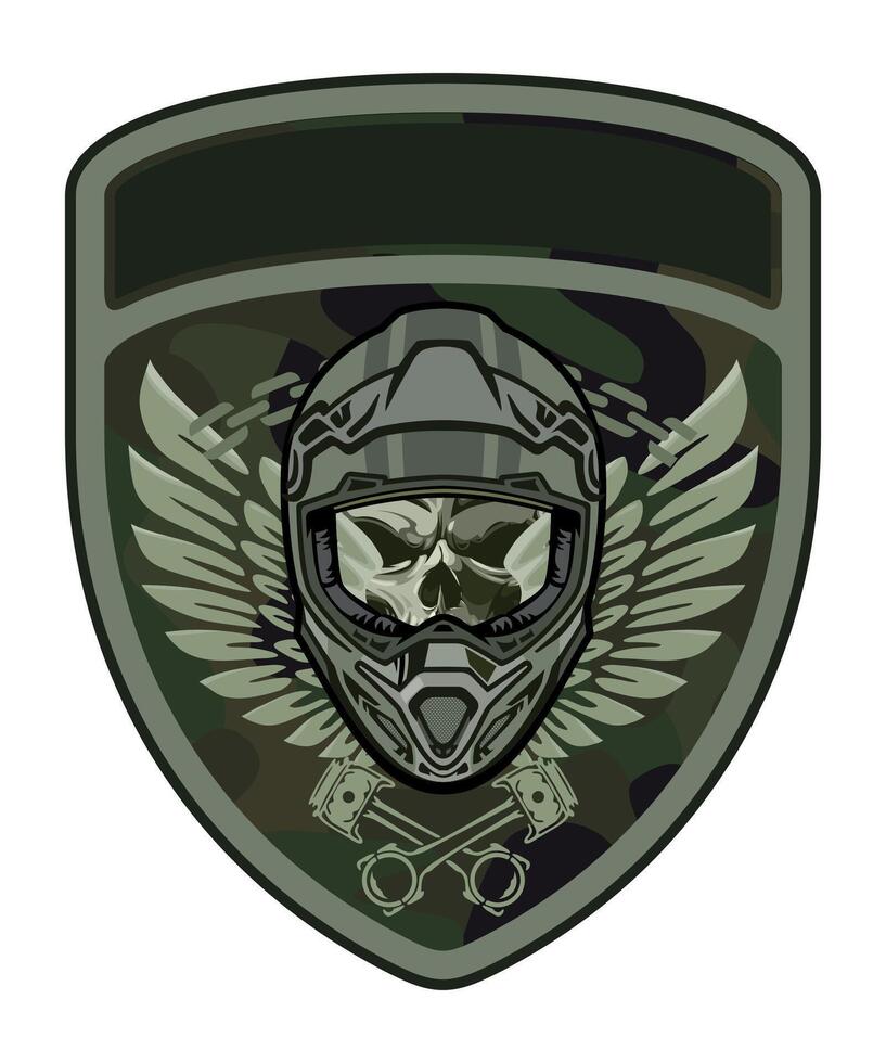 sleeve military green camouflage chevron military driver with skull in military cap and with pistons from engine on white background vector