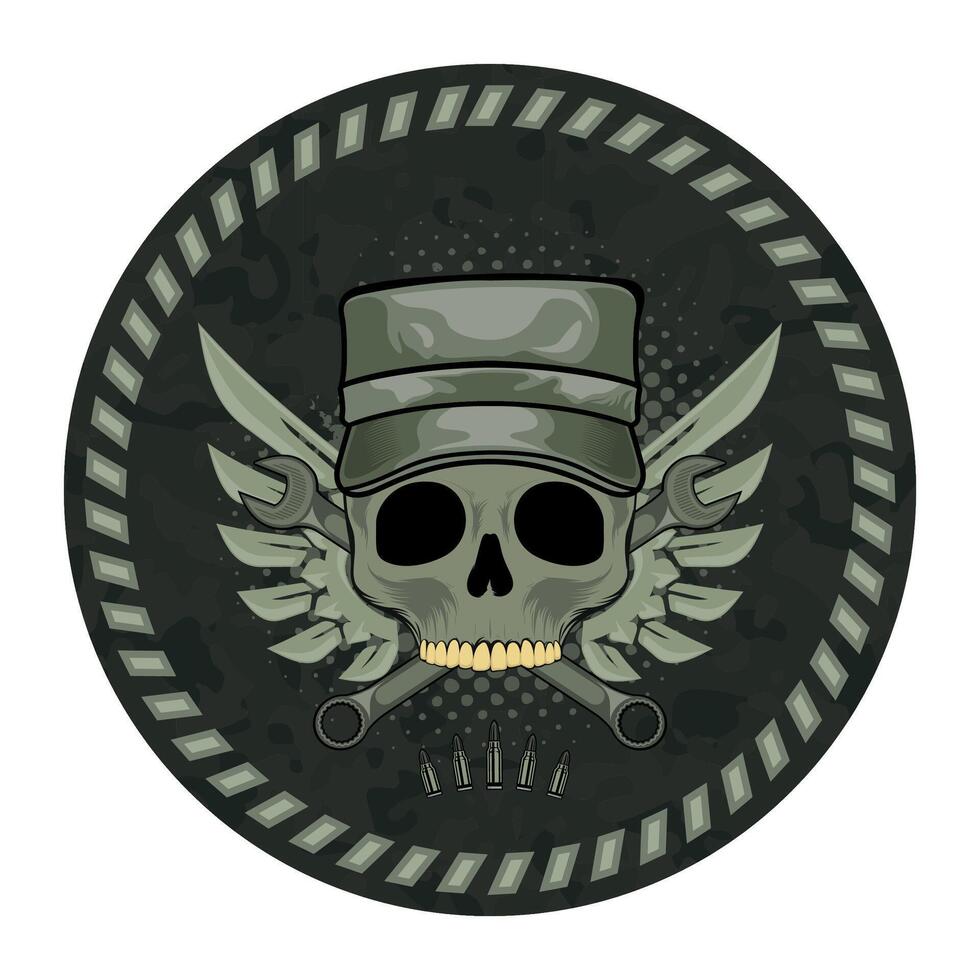round sleeve military green camouflage chevron military driver with skull in military cap isolated on white background vector