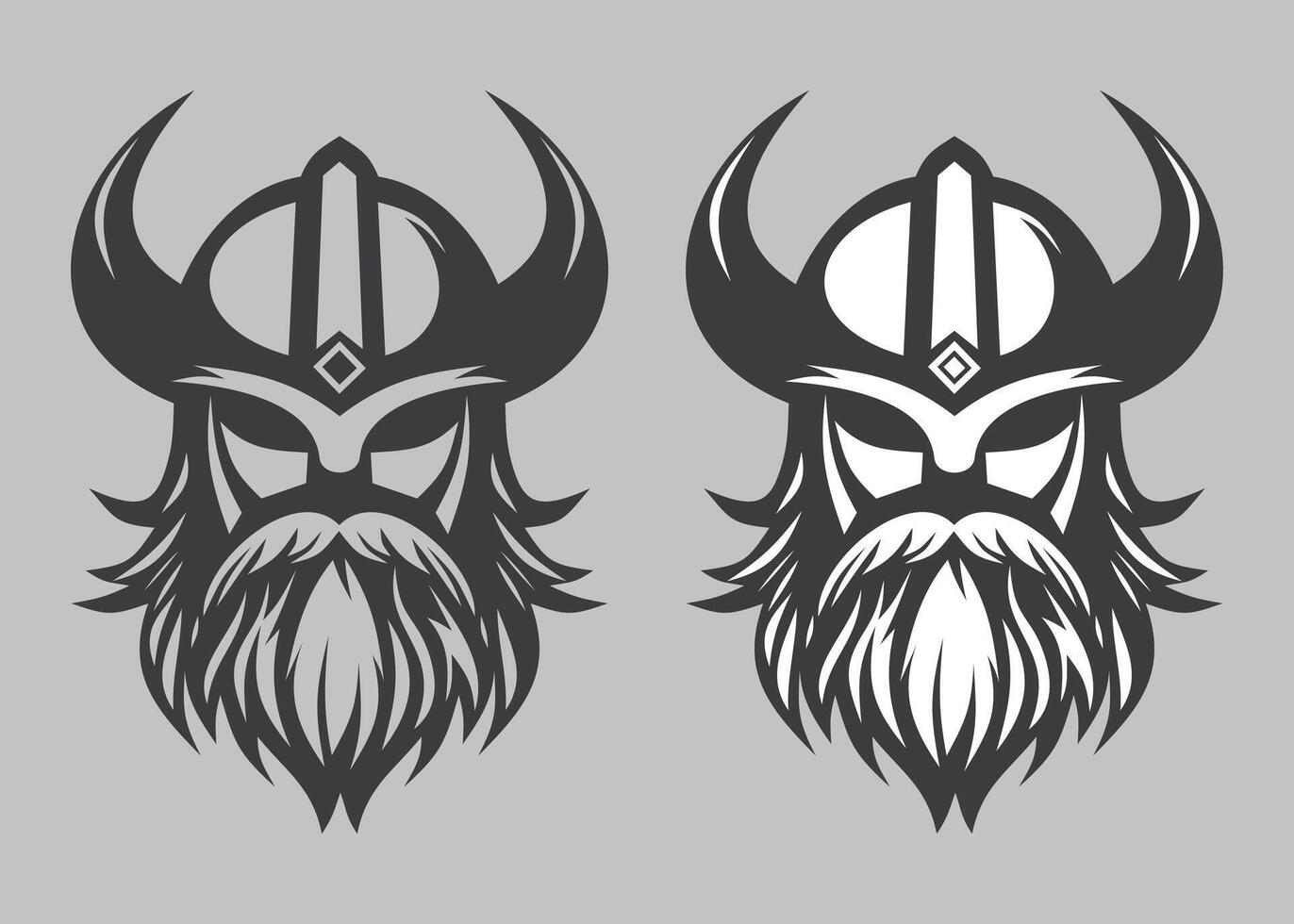 black and white icon of viking face in helmet with horns isolated on grey background vector