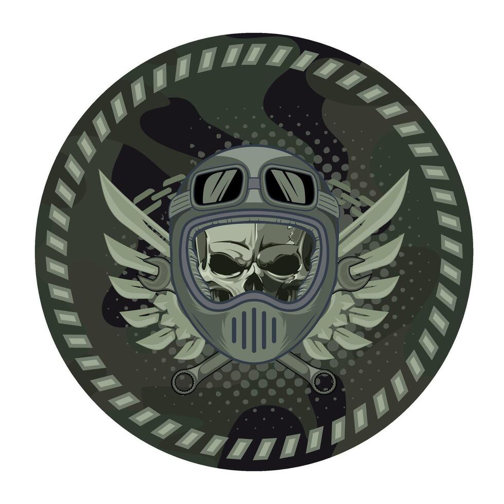 round military green camouflage chevron military driver with skull in racing helmet isolated on white background vector