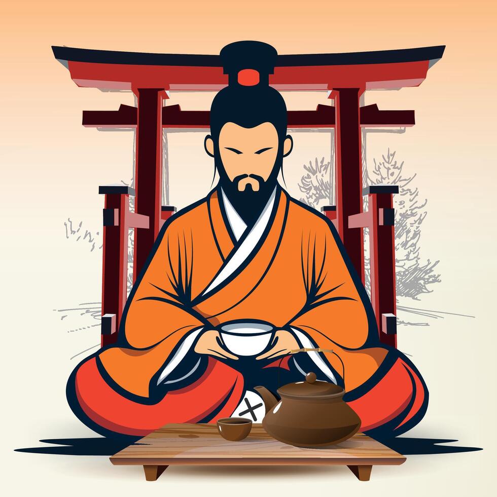 seated chinese tea master in national chinese clothes with cup of tea in front of table against background of gate vector