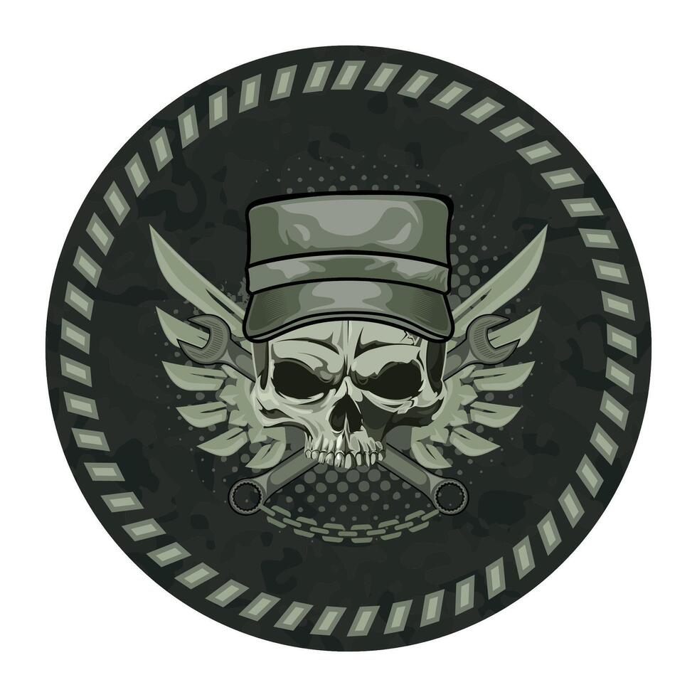ound military green camouflage chevron military driver with skull in military cap isolated on white background vector
