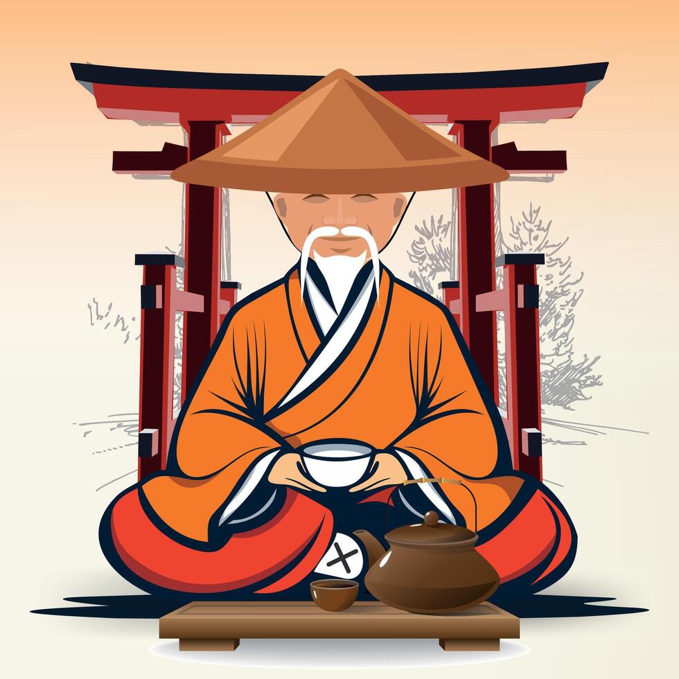 seated chinese tea master in national chinese clothes and hat with cup in front of table against background of gate vector