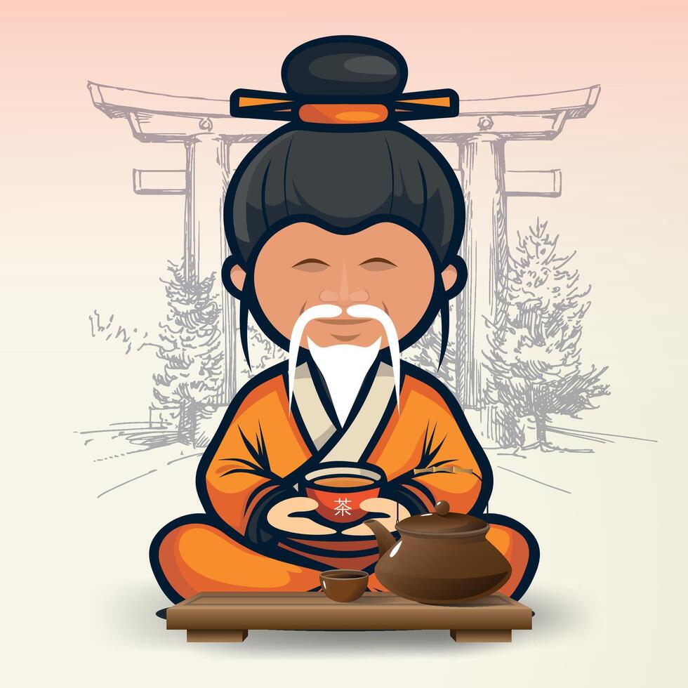 seated chinese tea master in national clothes and hat with cup of tea in front of table against background of gate vector