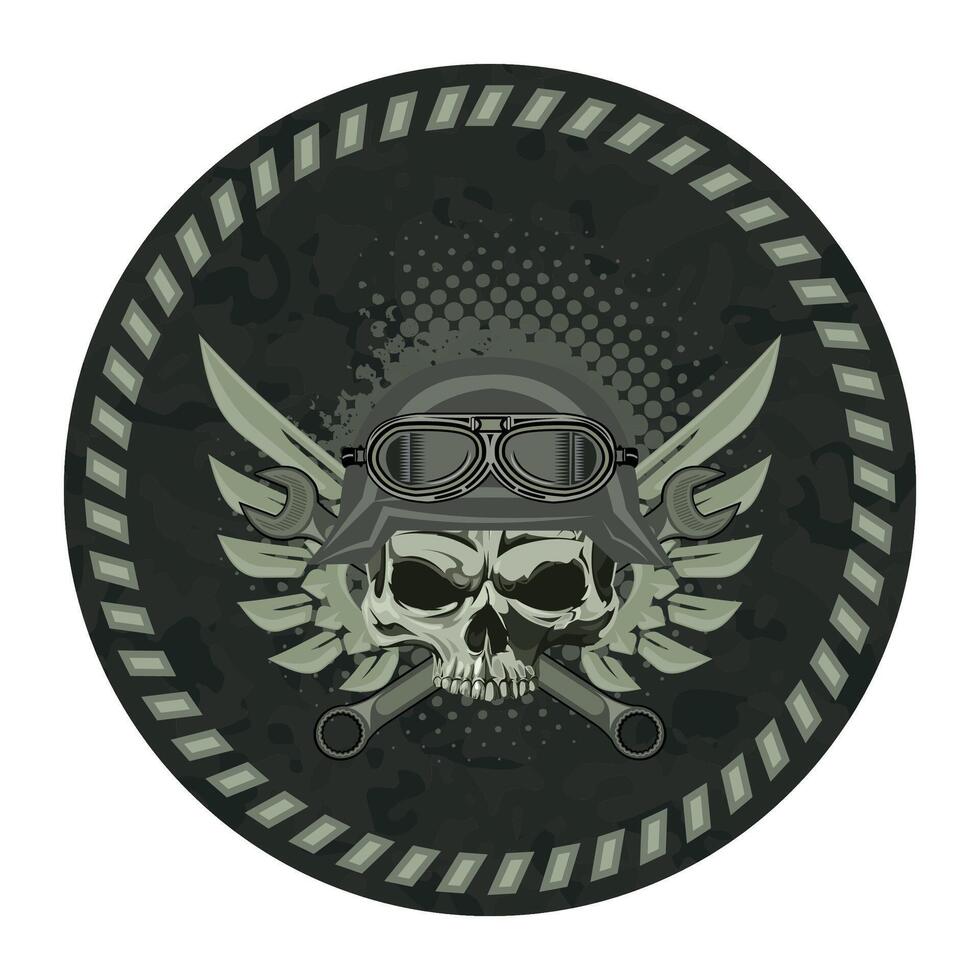 round sleeve military green camouflage chevron military driver with skull in military helmet on white background vector