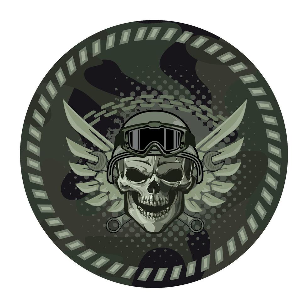 round sleeve military camouflage chevron military driver with skull in military helmet isolated on white background vector