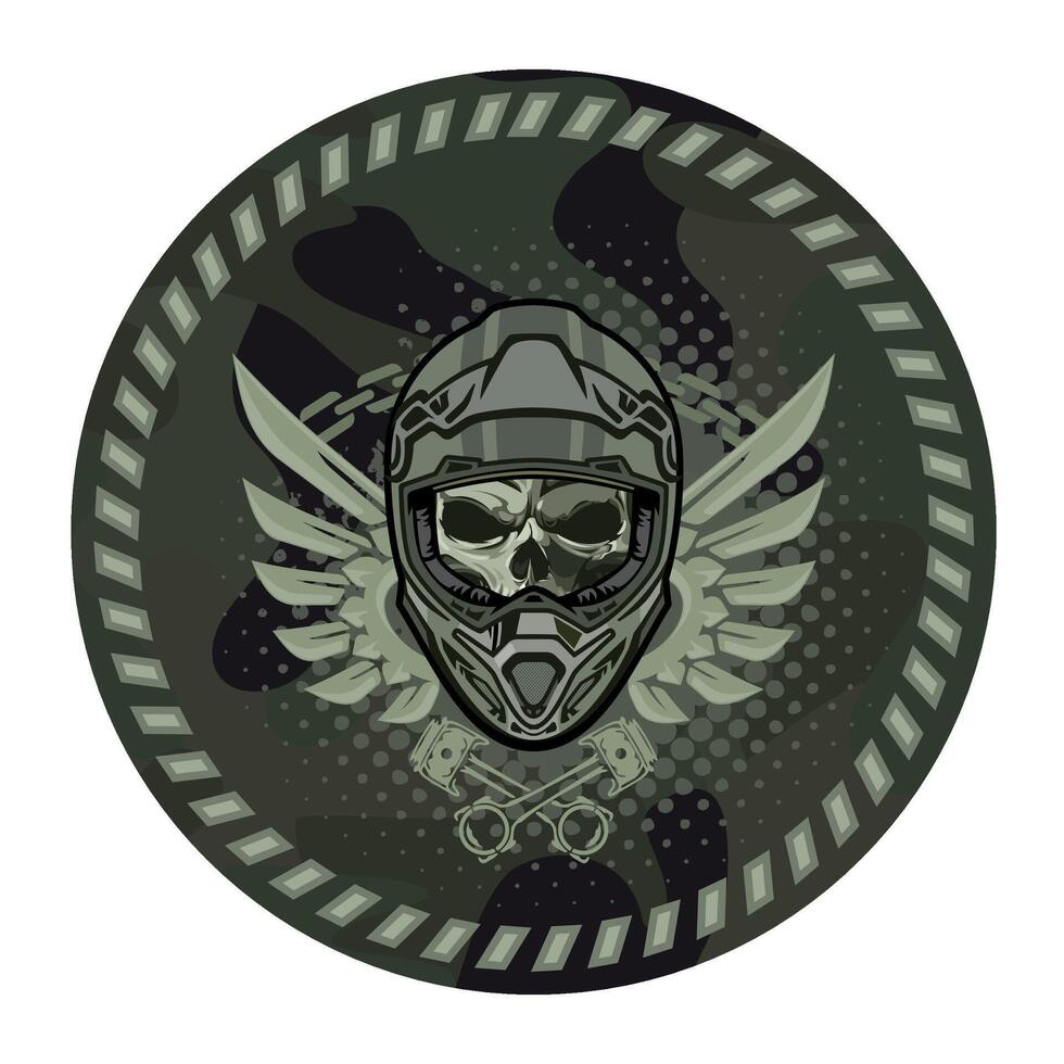 round military green camouflage chevron military driver with skull in racing helmet on white background vector
