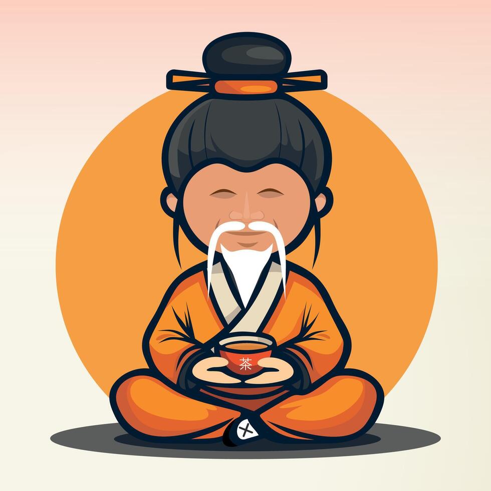 seated stylized chinese monk in national clothes and hat with cup of tea vector