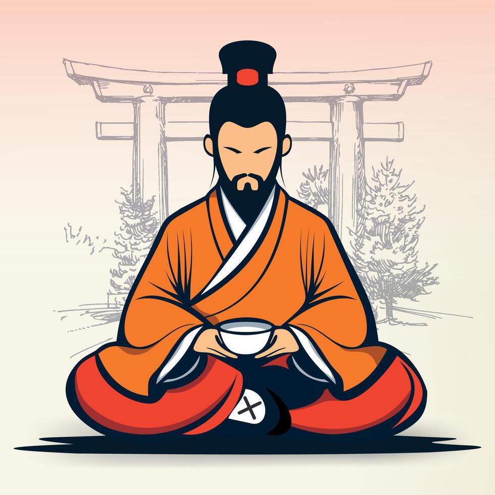 sitting buddhist chinese monk in national chinese clothes with cup of tea against gate background vector