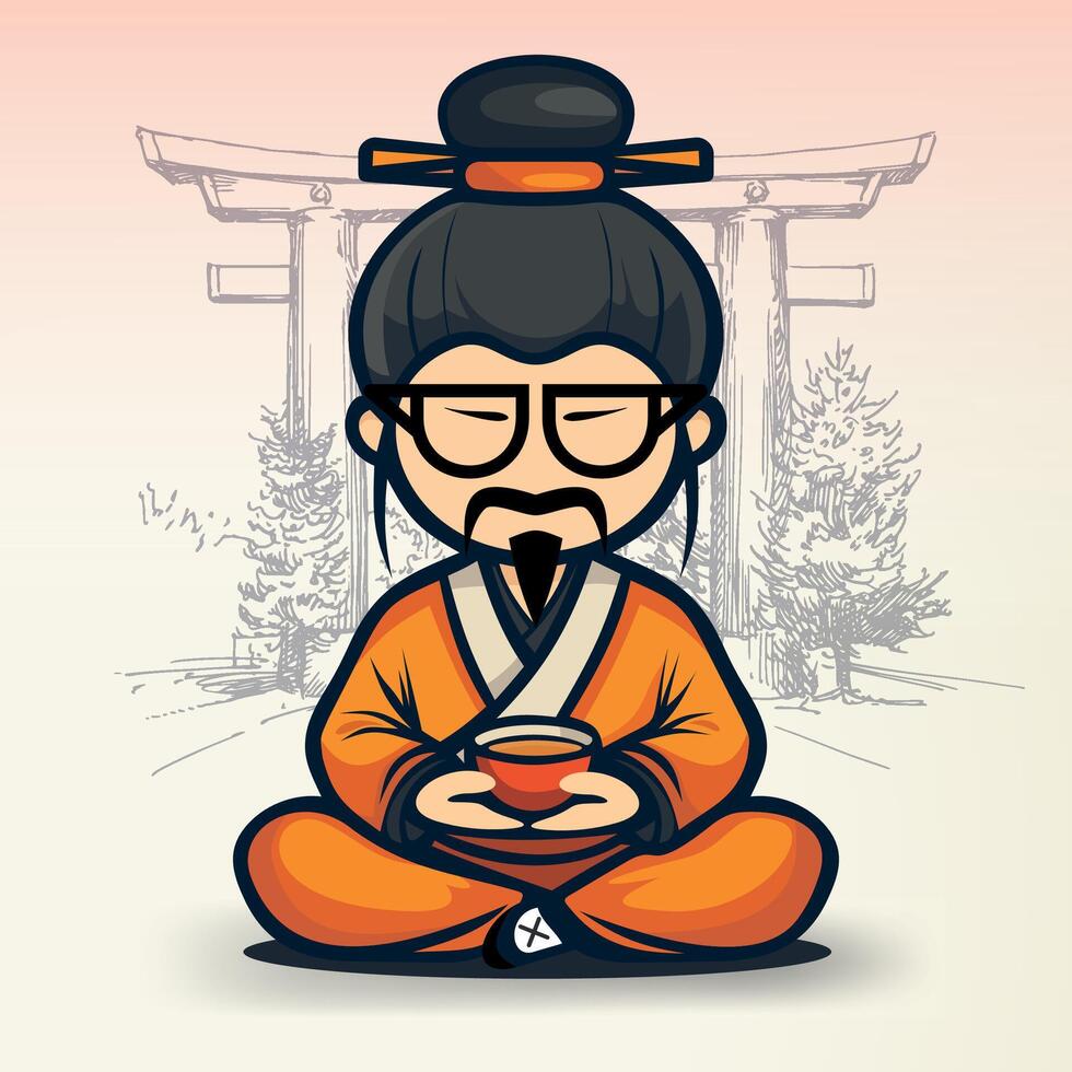 sitting buddhist chinese monk in national chinese clothes and hat with cup of tea in front of table against background of gate vector